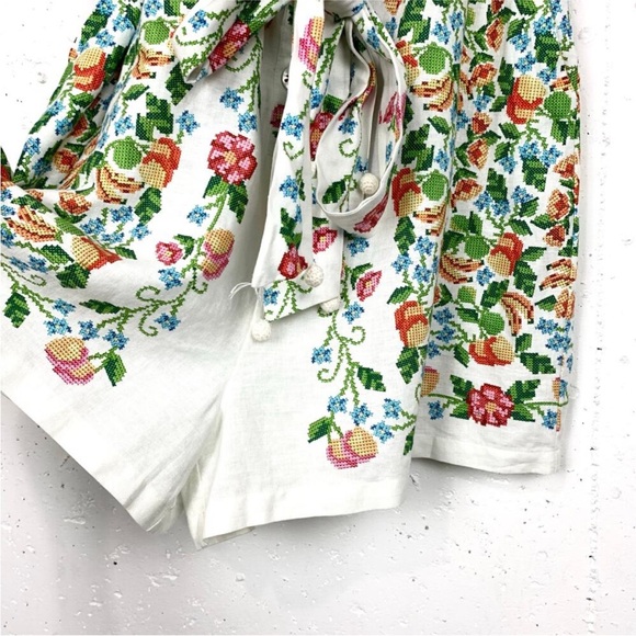 Farm Rio Womens Floral Print Square Neckline Romper Pom Pom Detail Size Large - Picture 6 of 7